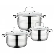 Set 3 Vase din Inox cu Capac Grunberg, 3.1/5.2/6.5 Litri, Capace din Sticlă, Inducție