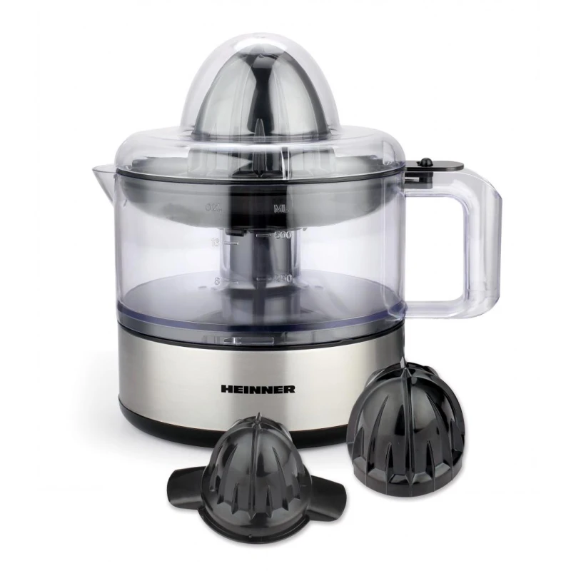 Storcător Citrice Heinner, 30 W, 2 Conuri și Filtru Dublu, Decorații din Inox, Plastic