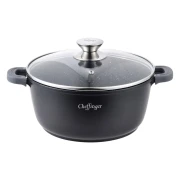 Cratiță cu interior Marmorat Cheffinger, 6 Litri, 28 cm, Capac Sticlă, Negru