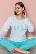 Set Pijamale Damă cu Mânecă Lungă, Mărimea S, Bumbac, 2 Piese, Model Smile, Albastru