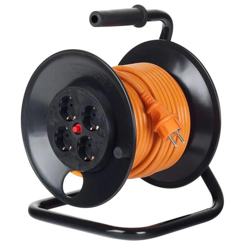 Prelungitor cu tambur Bachmann, 4 prize Schuko, termosiguranta, cordon H05VV-F 3G 1.5 mm, 25m, Orange