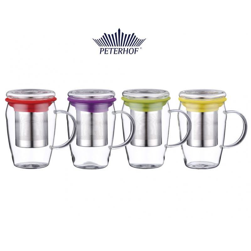 Cană din Sticlă cu Infuzor pentru Ceai sau Cafea Savuto Peterhof, 500 ml, Inox, Diverse Culori