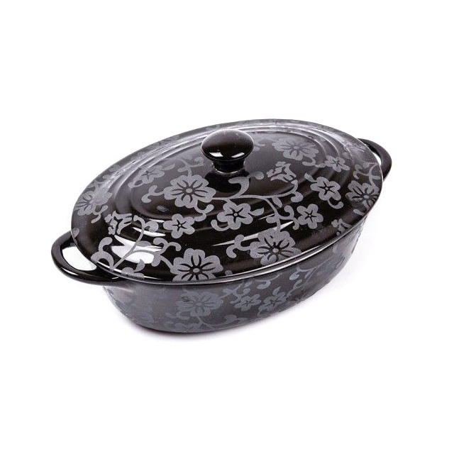Cratiţă Ovală cu Capac din Ceramică Vabene, 1.4 Litri, 2 Piese, Pentru Cuptor, Negru