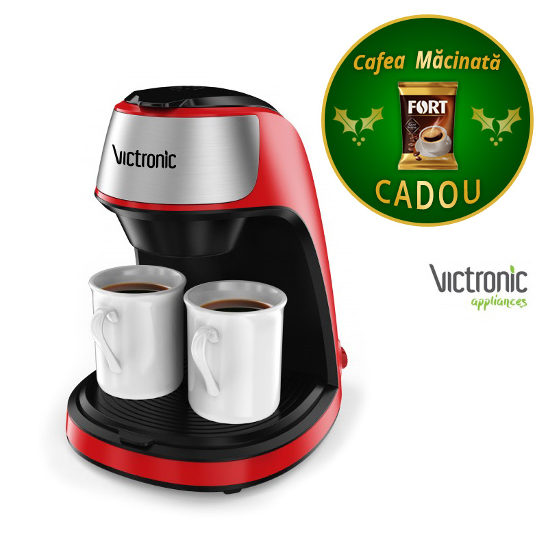 Filtru de Cafea Electric Victronic, 2 Căni, 250 ml, 450 W, Cafea măcinată, Roșu/Negru