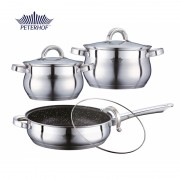 Set 3 Cratiţe din Inox cu Capac din Sticlă Apollo Peterhof, 2.9, 3.9 şi 3.4 Litri, 6 piese, Bază 5 Straturi