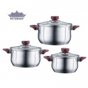 Set 3 Oale din Inox cu Capac din Sticlă Vino Peterhof, 1.9, 2.5 şi 3.4 Litri, 6 piese, Bază 5 Straturi, Inducţie