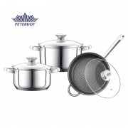 Set 3 Oale şi Tigaie Granit din Inox cu Capac din Sticlă Peterhof, 2.5, 3.4 şi 6.5 Litri, 6 piese, Bază 5 Straturi, Inducţie