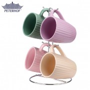 Set 4 Căni Pastel din Ceramică Peterhof, 5 Piese, Suport Inox inclus