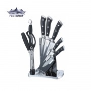 Set 4 Cuţite, Satâr, Foarfecă şi Dispozitiv de Ascuţit Robusto Peterhof, 8 piese, Suport Acrilic, Inox