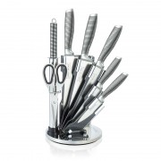 Set 5 Cuţite, Foarfecă şi Dispozitiv de Ascuţit Royalty Line, 8 piese, Inox Crestat, Suport inclus