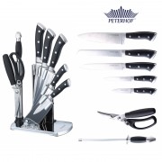 Set 5 Cuţite, Foarfecă şi Dispozitiv de Ascuţit Robusto Peterhof, 8 piese, Suport Acrilic, Inox