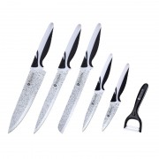 Set 5 Cuţite Marmorate din Inox şi Decojitor Ceramic Zillinger, 6 piese, Antibacterial, Alb/Negru