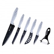 Set 5 Cuţite Marmorate din Inox şi Decojitor Ceramic Zillinger, 6 piese, Cuțit Pizza, Antibacterial, Alb/Negru