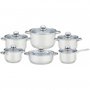 Set 6 Oale şi Cratiţe din Inox cu Capac din Sticlă Grunberg, 12 piese, Bază 3 Straturi, Inducţie