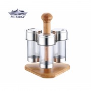 Set Condimente cu Suport din Bambus Pineta Peterhof, 3 Recipiente, 4 piese, Inox şi Sticlă