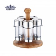 Set Condimente cu Suport din Bambus Pineta Peterhof, 5 Recipiente, 6 piese, Inox şi Sticlă