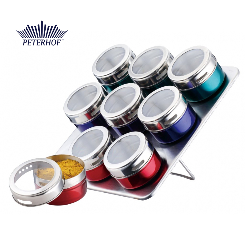 Set Condimente cu Suport Magnetic Claudio Peterhof, 9 Recipiente Multicolor, 10 piese, Sticlă, Inox