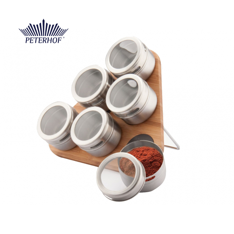 Set Condimente cu Suport Magnetic din Bambus Estelle Peterhof, 6 Recipiente, 7 piese, Inox, Model Triunghi